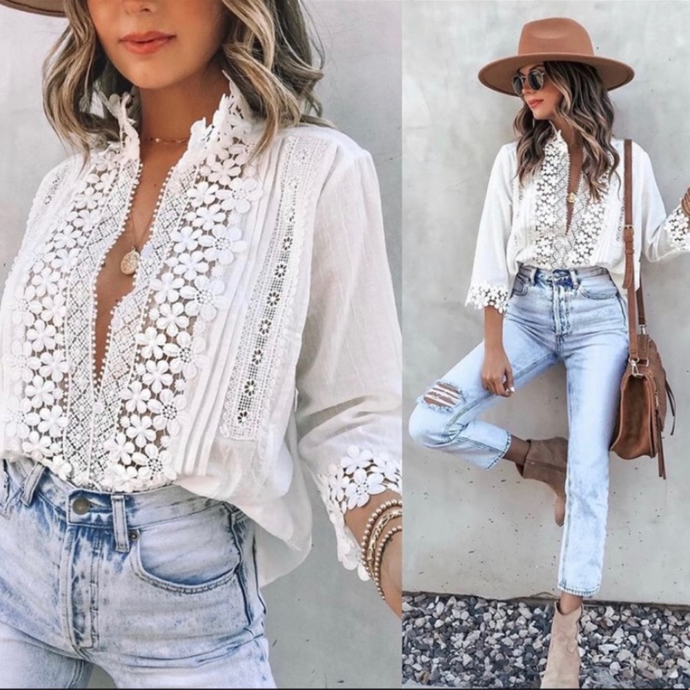 Boho Summer Cotton Crochet Lace Quarter Sleeve Boho Top